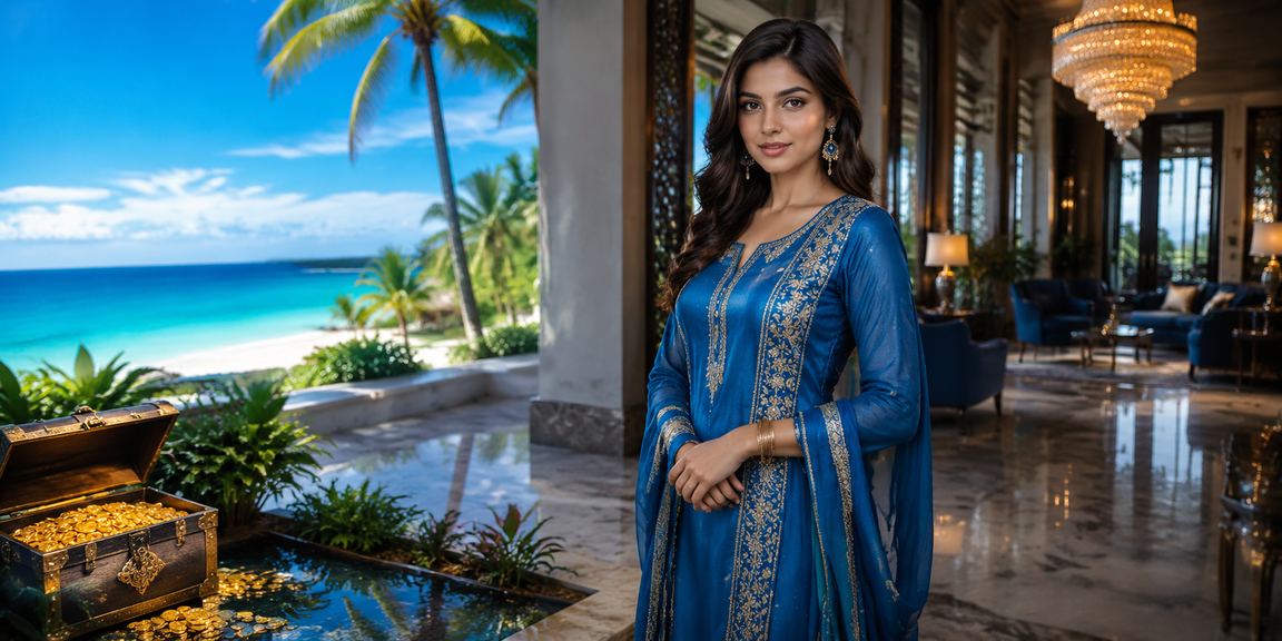 সেন্ট মার্টিনে সালোয়ার কামিজ পরা নারী মোবাইলে বেটিং করছেন